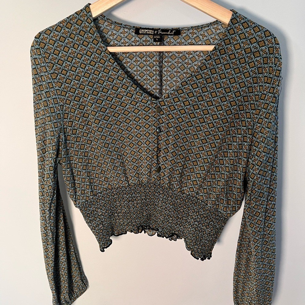 Gypsies & Moondust‎ Blue Gold Geometric Smocked Crop Top V-Neck Blouse Large